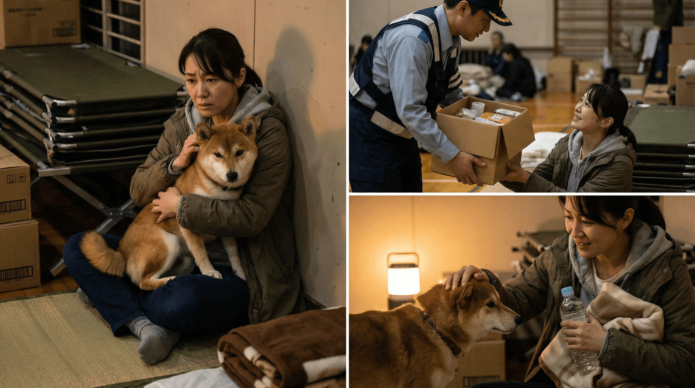 災害時、避難所の片隅で不安そうに愛犬を抱きしめる飼い主の横に、FDSスタッフが支援物資を持って駆けつけ、ホッとした表情に変わるイメージ写真