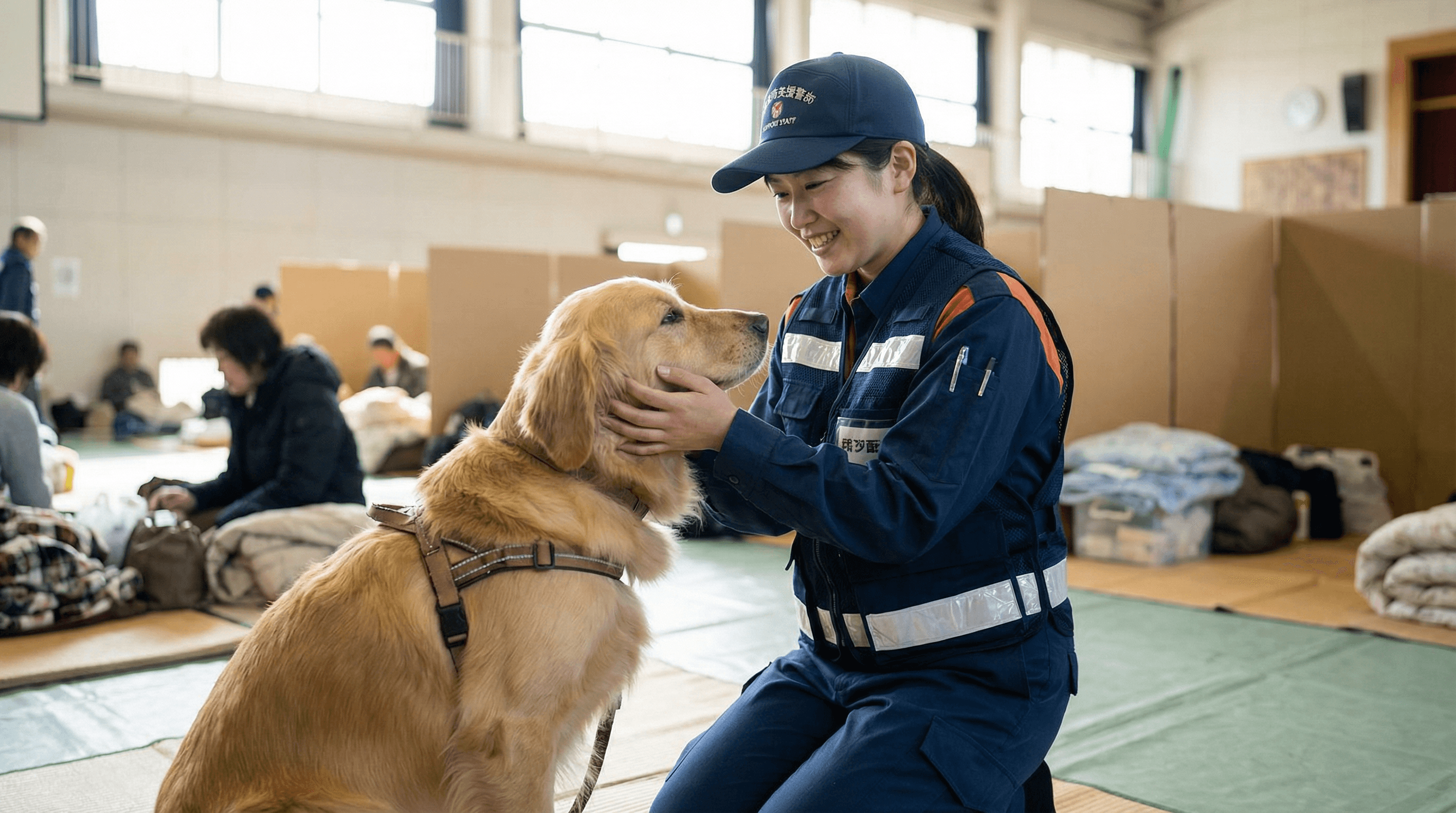 スタッフが犬に優しく接している写真